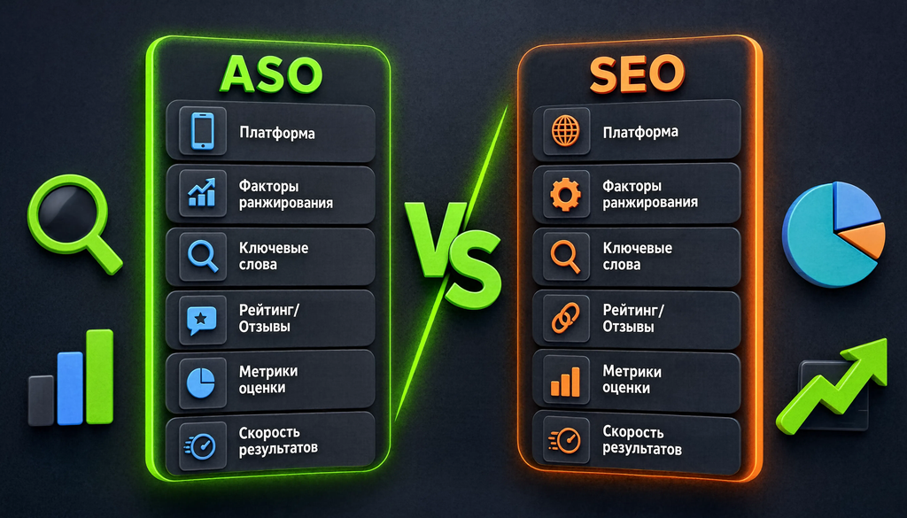 Сравнение ASO и SEO: платформа, факторы ранжирования, ключевые слова, рейтинг/отзывы, метрики оценки, скорость результатов