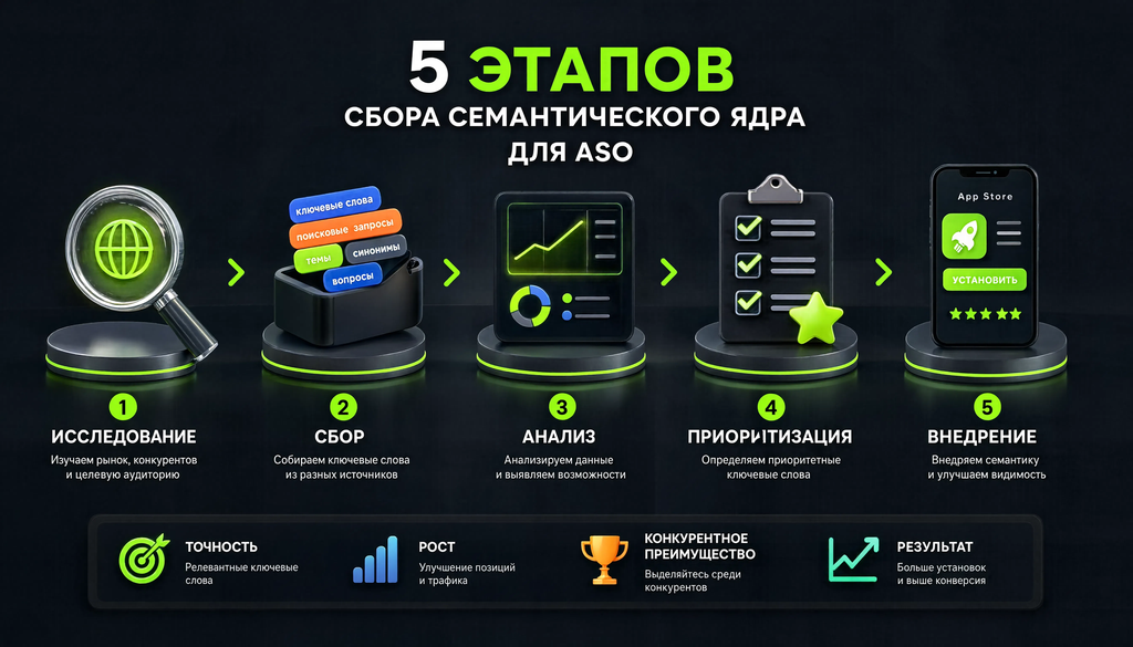 Пошаговый процесс сбора семантического ядра для ASO: 5 этапов от исследования до внедрения