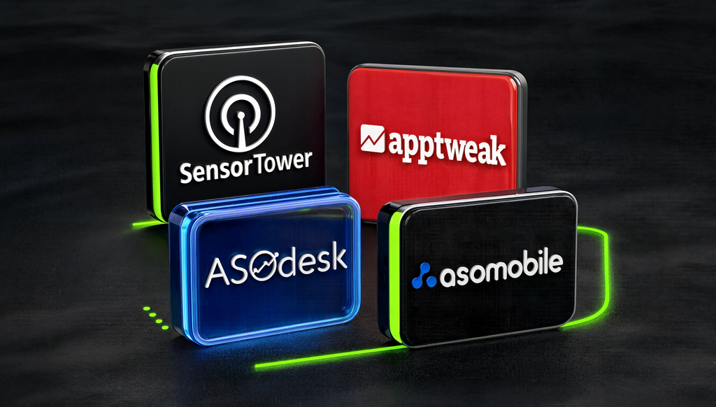 Сравнительная таблица ASO-инструментов: Sensor Tower, AppTweak, ASOdesk, ASOMobile по функциям, стоимости и задачам.