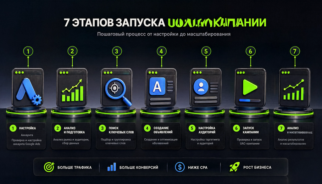Step-by-step process of launching a UAC campaign: from account creation to optimization. 7 steps with brief captions.