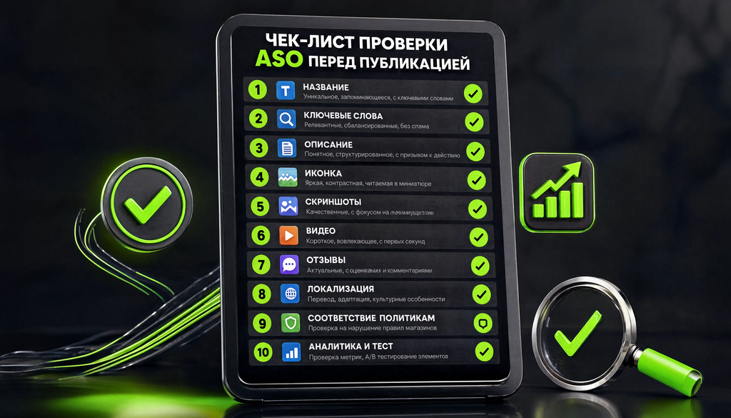 Infographic: ASO checklist before publication with 10 items including title, keywords, description, icon, screenshots, video, reviews, and localization.