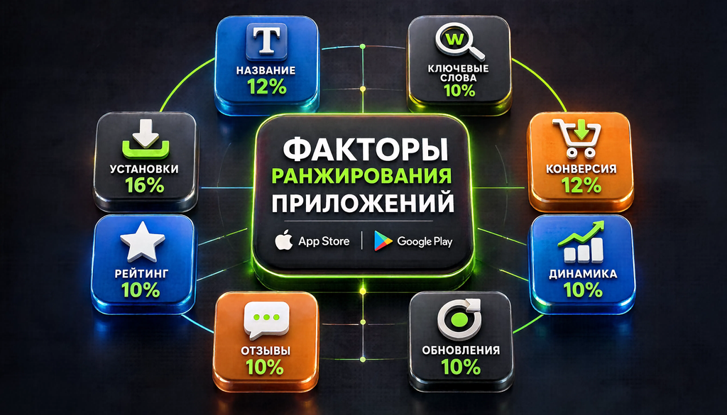 Инфографика факторов ранжирования приложений в App Store и Google Play: 8 ключевых факторов с указанием веса (название, ключевые слова, установки, конверсия, рейтинг, отзывы, динамика, обновления)