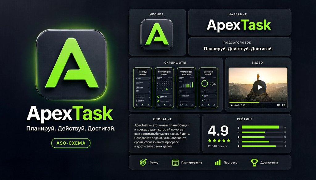 Diagram of app store card structure showing ASO elements: icon, title, subtitle, screenshots, video, description, and rating with labels.