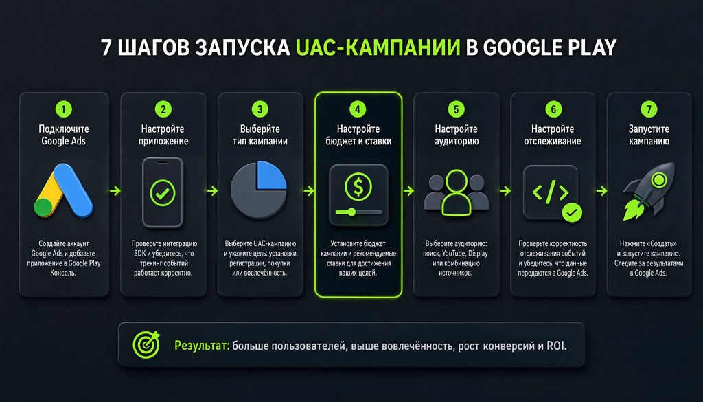Step-by-step process of launching a UAC campaign in Google Play from account creation to optimization, 7 steps with brief descriptions.