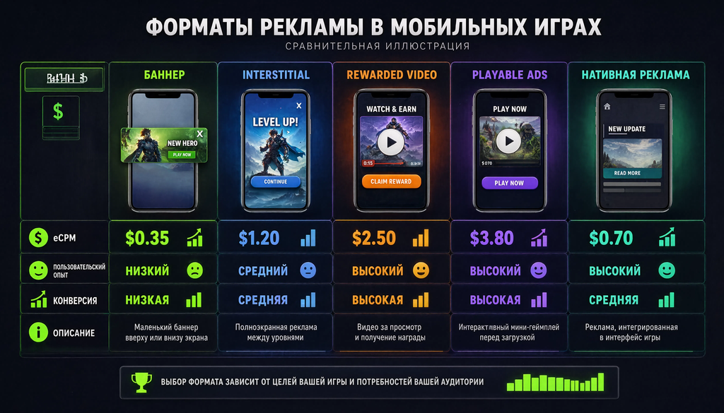 Сравнение форматов рекламы в мобильных играх: баннер, interstitial, rewarded video, playable ads, нативная по eCPM, пользовательскому опыту и конверсии. Таблица 5 форматов.