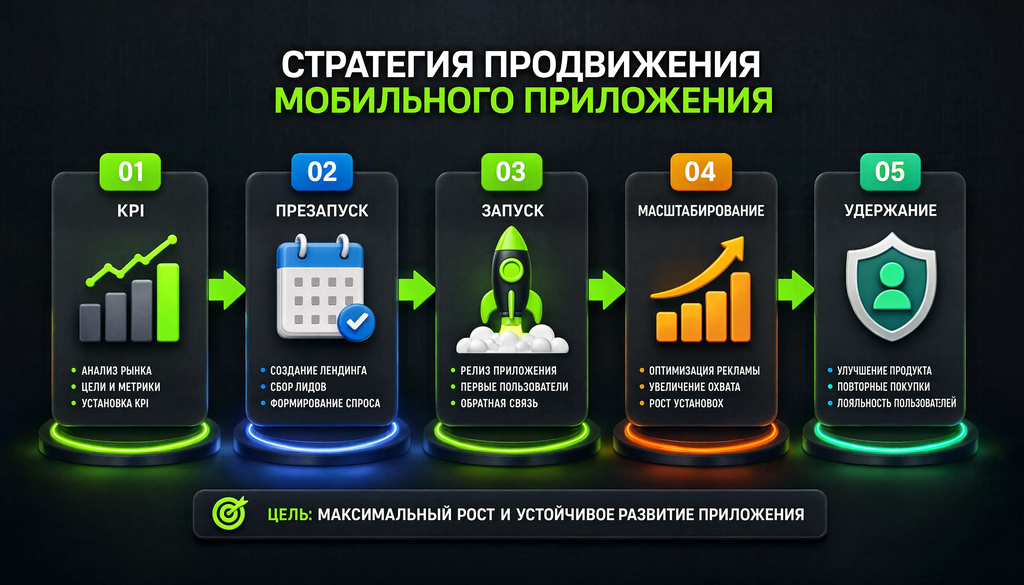 Стратегия продвижения мобильного приложения: 5 этапов от KPI до удержания с ключевыми действиями