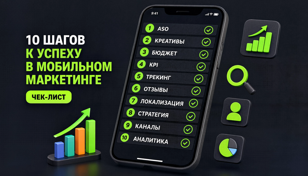 Чек-лист проверки перед запуском продвижения приложения: 10 пунктов &mdash; ASO, креативы, бюджет, KPI, трекинг, отзывы, локализация, стратегия, каналы, аналитика.