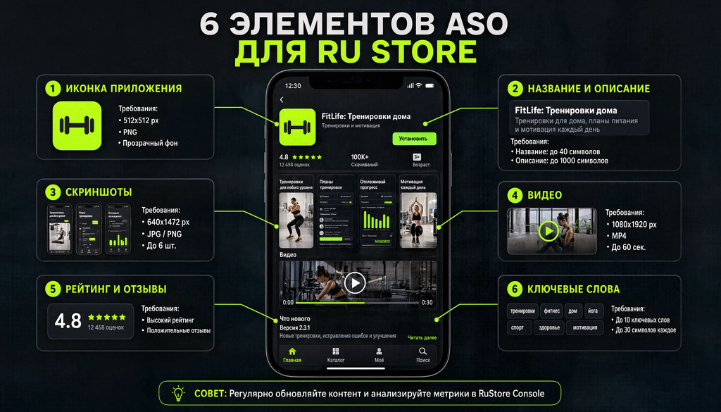 Infographic showing the structure of an app card in RuStore with six ASO elements: icon, title, description, screenshots, video, and rating.