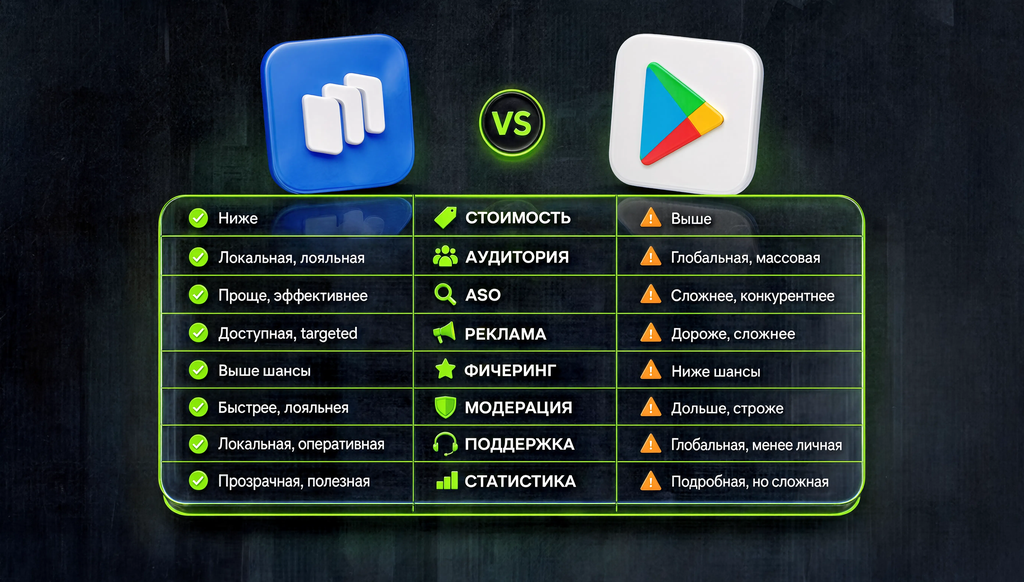 Сравнительная таблица RuStore и Google Play по 8 параметрам для разработчиков: стоимость, аудитория, ASO, реклама, фичеринг