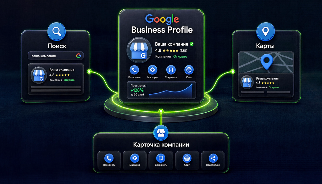 Схема работы Google Business Profile: от профиля к индексации и показу в Поиске, Картах и карточке компании