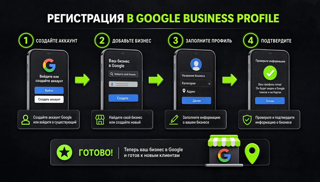 Пошаговый процесс регистрации в Google Business Profile: 4 шага от создания аккаунта до подтверждения. С краткими подписями для каждого шага.