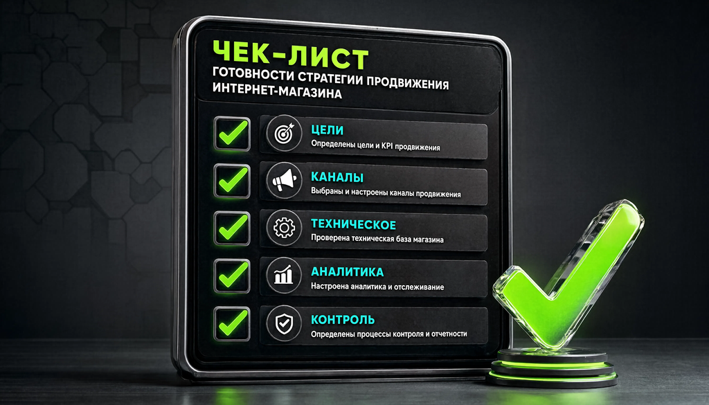 Инфографика чек-лист готовности стратегии продвижения интернет-магазина с группировкой по блокам: цели, каналы, техническое, аналитика и контроль