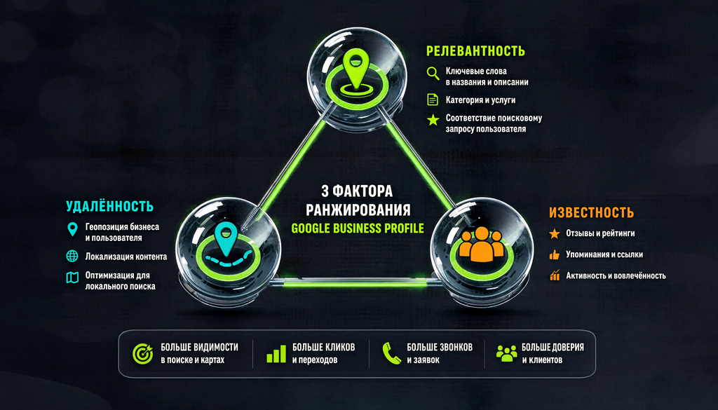 Три фактора ранжирования Google Business Profile: релевантность, удаленность, известность в виде треугольника с примерами действий