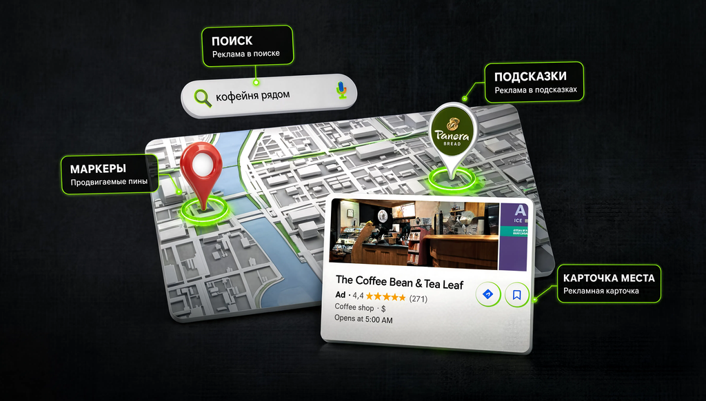 Сравнение типов рекламы в Google Картах: маркеры, поиск, подсказки, карточка места