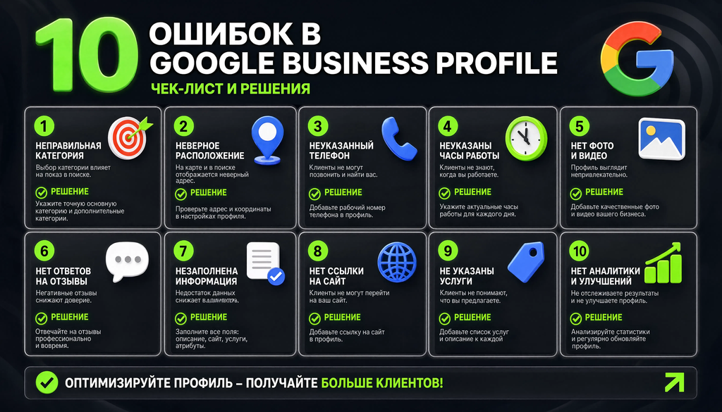 Инфографика чек-лист типичных ошибок в Google Business Profile с 10 пунктами, описанием ошибок и решений