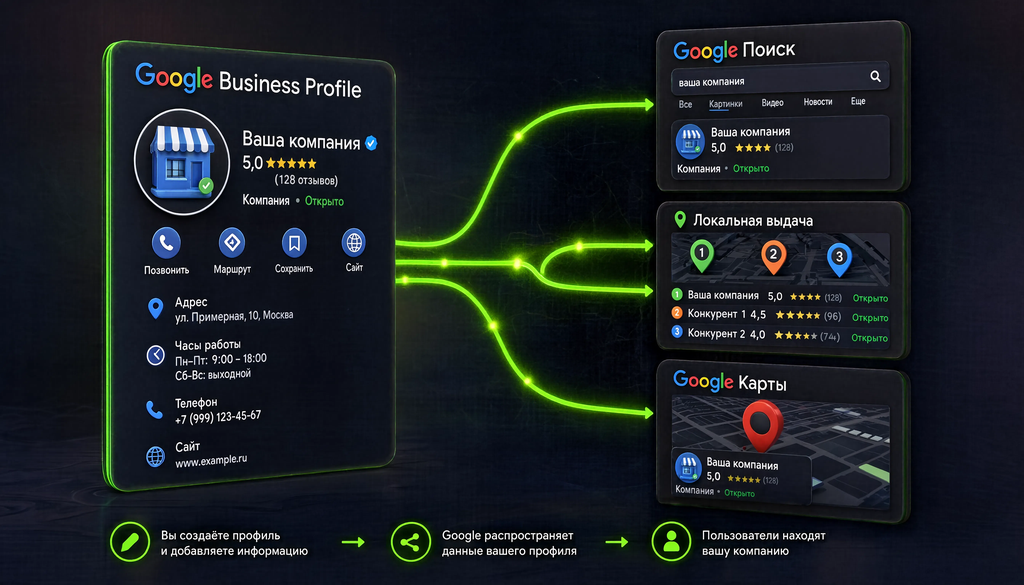 Схема работы Google Business Profile: данные из профиля попадают в Google Поиск, локальную выдачу и Google Карты