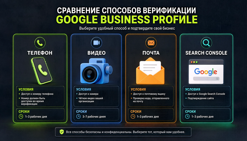 Сравнение способов верификации Google Business Profile: телефон, видео, почта, Search Console в виде карточек с условиями и сроками