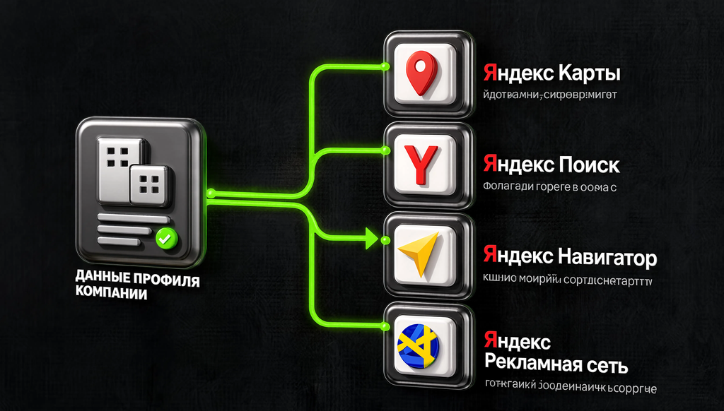 Инфографика схемы работы Яндекс Бизнеса: данные из профиля компании попадают в Яндекс Карты, Поиск, Навигатор и Рекламную сеть Яндекса