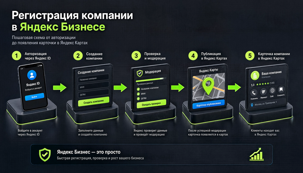 Пошаговая схема регистрации компании в Яндекс Бизнесе: от авторизации через Яндекс ID до появления карточки в Картах после модерации