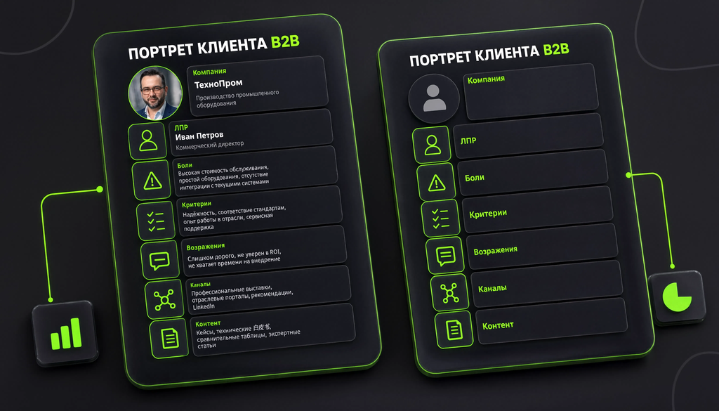 Шаблон портрета клиента B2B с 7 полями: компания, ЛПР, боли, критерии, возражения, каналы, контент. Заполненный пример рядом с пустым шаблоном для практического использования.