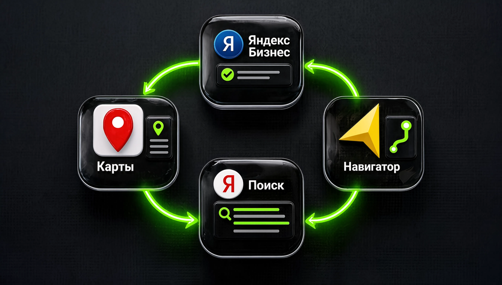 Инфографика: схема связи между Яндекс Бизнесом, Картами, Поиском и Навигатором &mdash; профиль компании появляется во всех сервисах одновременно