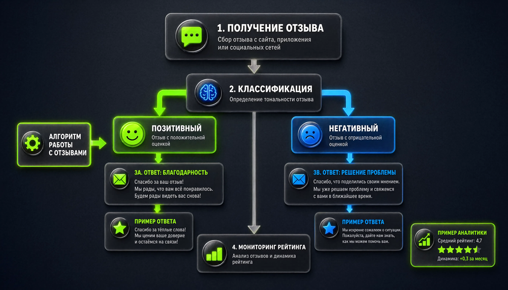 Алгоритм работы с отзывами: получение, классификация, ответ, мониторинг рейтинга. Блок-схема с ветвями и примерами ответов.