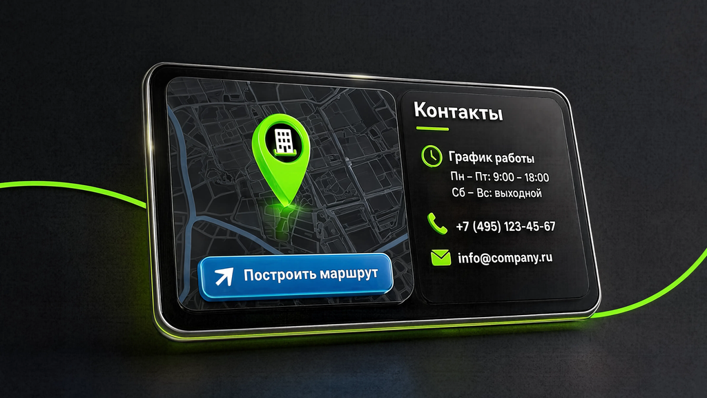 Виджет Яндекс Карт на странице контактов с интерактивной картой, меткой организации, кнопкой построения маршрута и блоком графика работы