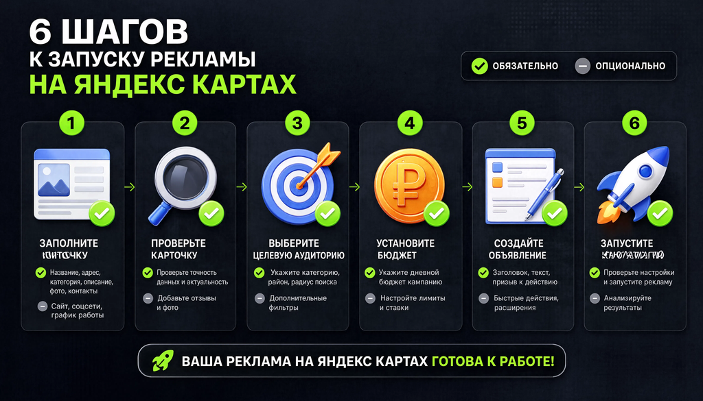 Пошаговый процесс запуска рекламы на Яндекс Картах: 6 шагов от заполнения карточки до старта кампании с отметками обязательно или опционально