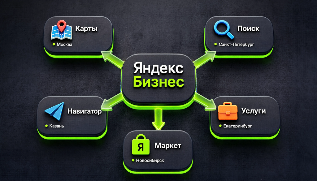 Инфографика экосистемы Яндекс Бизнес: карточка компании появляется на площадках Карты, Поиск, Навигатор, Услуги, Маркет, с примерами городов и стрелками от центрального блока