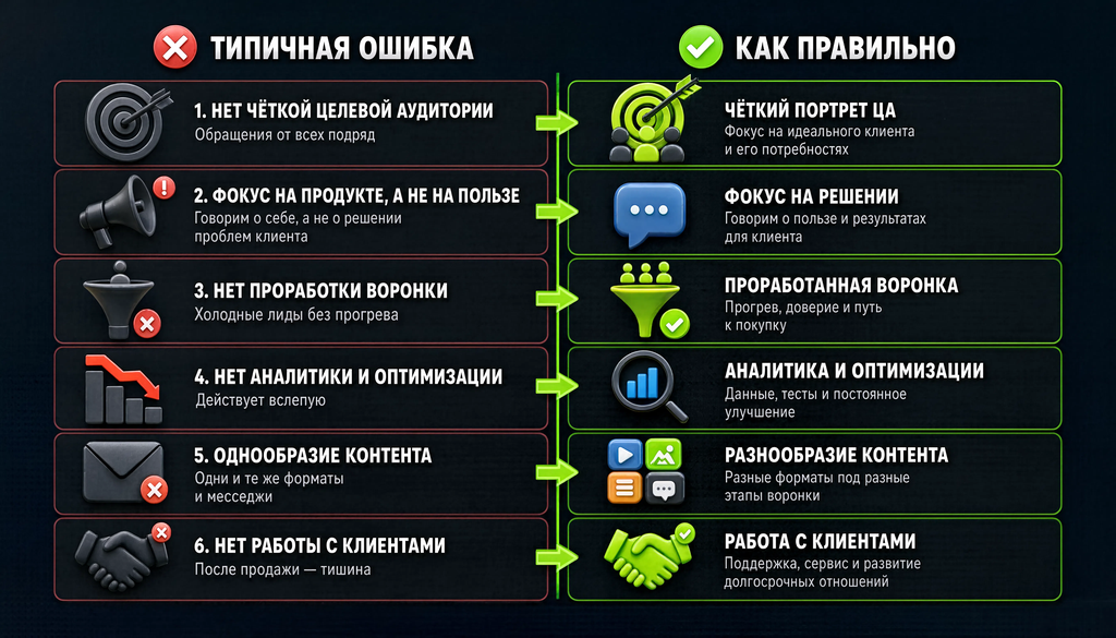 Сравнительная иллюстрация: шесть ключевых ошибок B2B-маркетинга и правильные подходы в двух колонках.