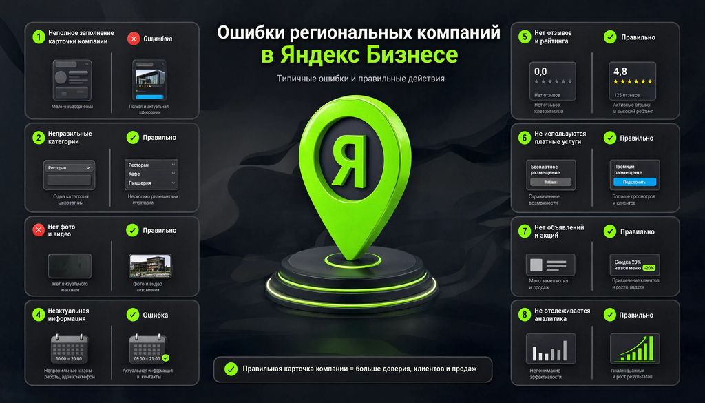 Инфографика: типичные ошибки региональных компаний в Яндекс Бизнесе и рекомендации как правильно