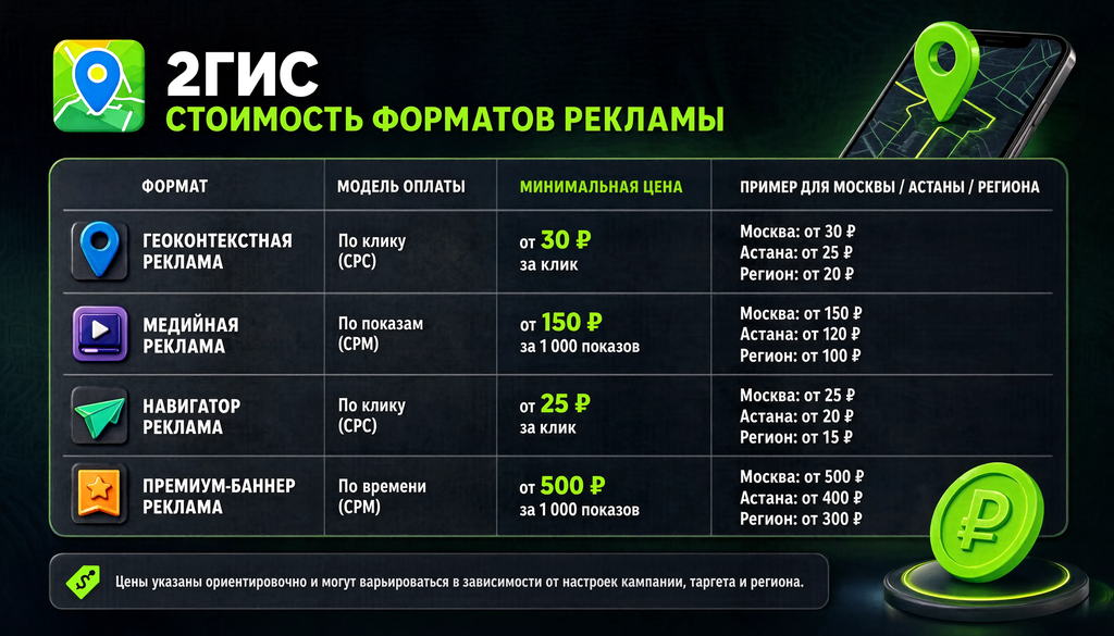 Таблица стоимости форматов рекламы в 2ГИС: геоконтекстная, медийная, навигатор, премиум-баннер с указанием модели оплаты, минимальной цены и примеров для Москвы, Астаны и регионов