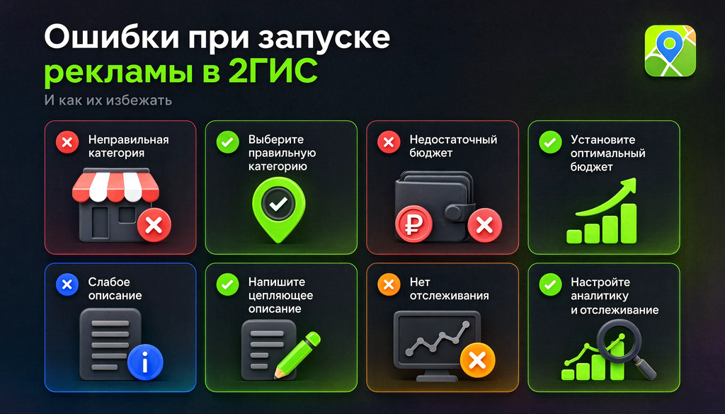 Инфографика: список типичных ошибок при запуске рекламы в 2ГИС с рекомендациями как правильно. 6-8 блоков с ошибкой и правильным действием.