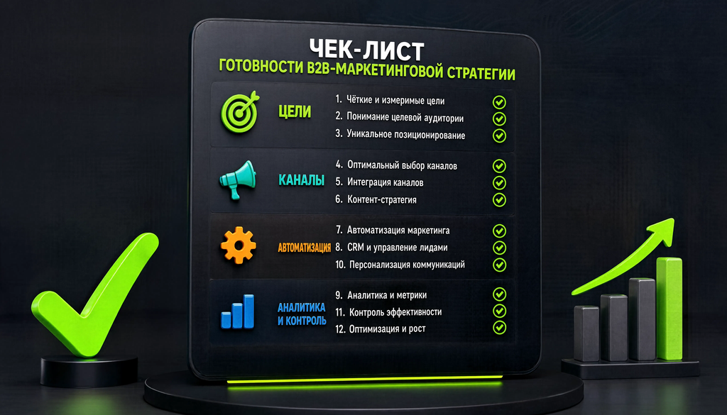 Инфографика чек-лист готовности B2B-маркетинговой стратегии с группировкой по целям, каналам, автоматизации и аналитике