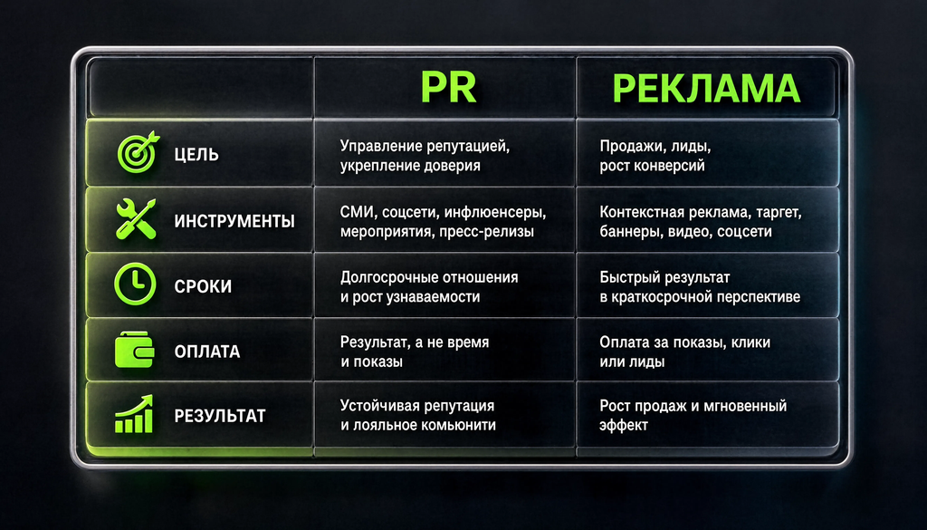 Сравнение PR и рекламы по целям, инструментам, срокам, оплате. Таблица с колонками PR и Реклама.