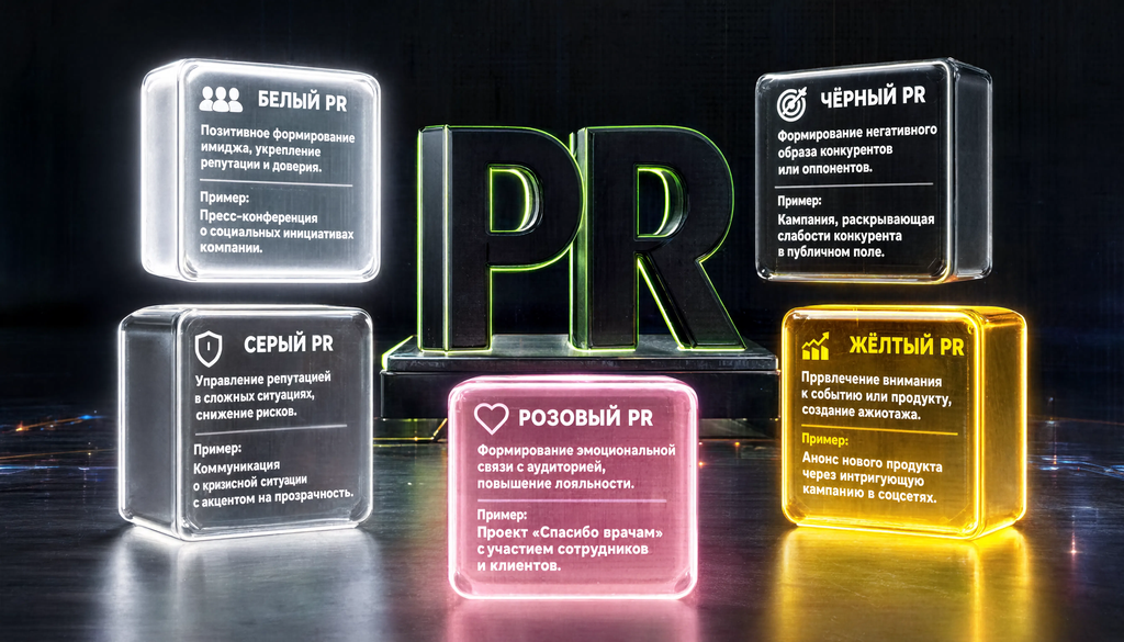 Классификация видов PR по цветам: белый, чёрный, серый, розовый, жёлтый — с описанием и примерами в 5 блоках