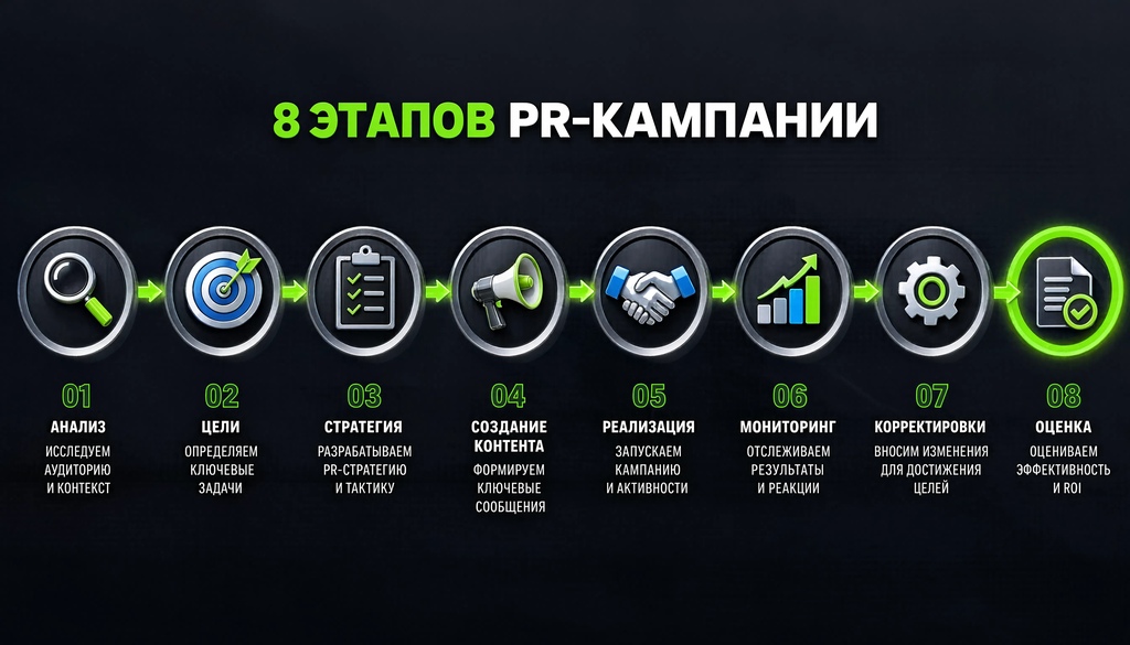 Схема 8 этапов PR-кампании от анализа до оценки с иконками действий