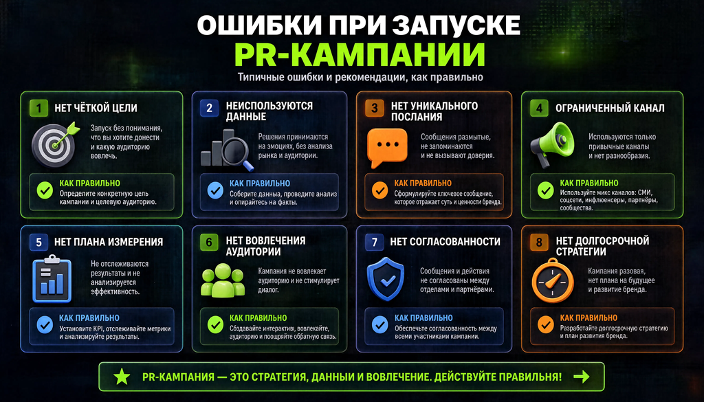 Инфографика: типичные ошибки при запуске PR-кампании и правильные рекомендации
