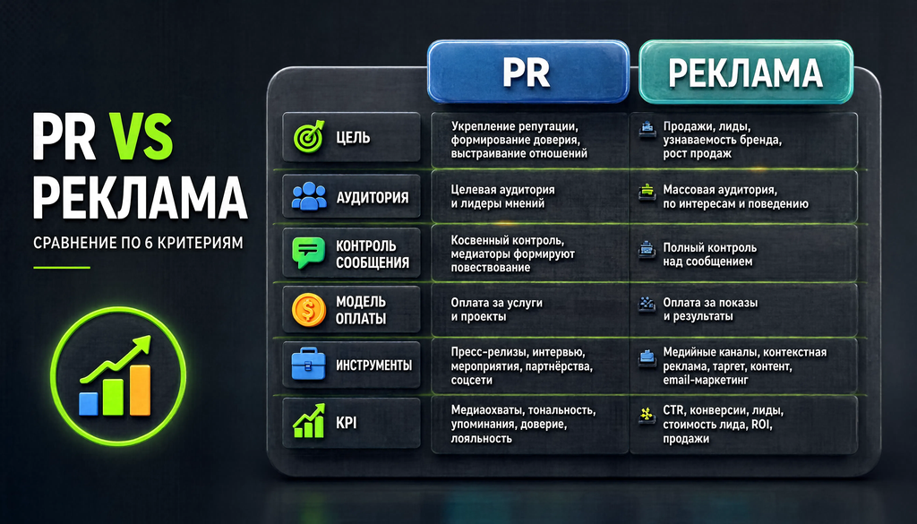 Сравнение PR и рекламы по 6 критериям - таблица