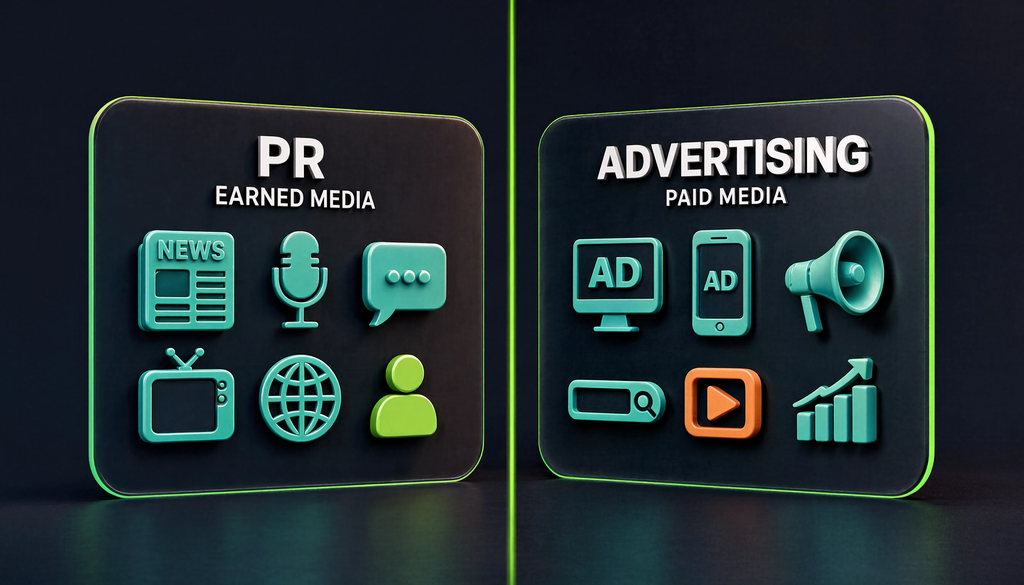 Схема с двумя блоками инструментов PR (earned media) и рекламы (paid media), разделенными на две колонки с иконками и примерами каналов