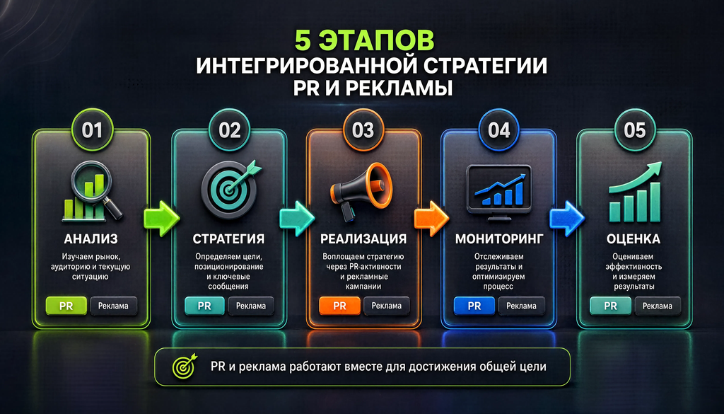 Схема 5 этапов интегрированной стратегии PR и рекламы: от анализа до оценки, с отметками PR и Реклама на каждом этапе.