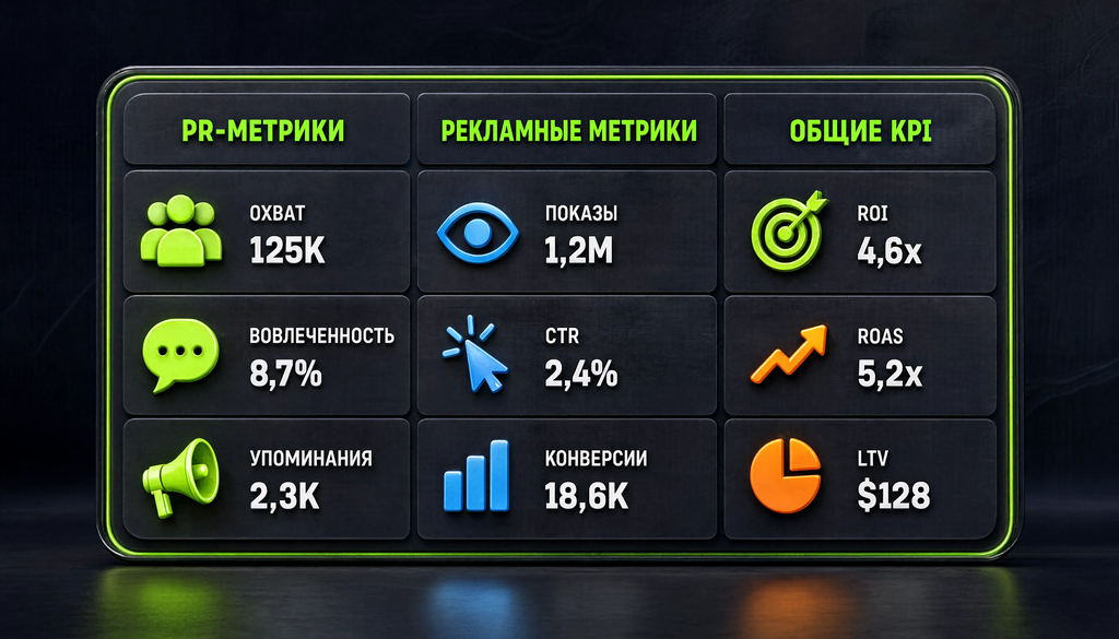 Сравнительная таблица метрик PR и рекламы: PR-метрики, рекламные метрики и общие KPI