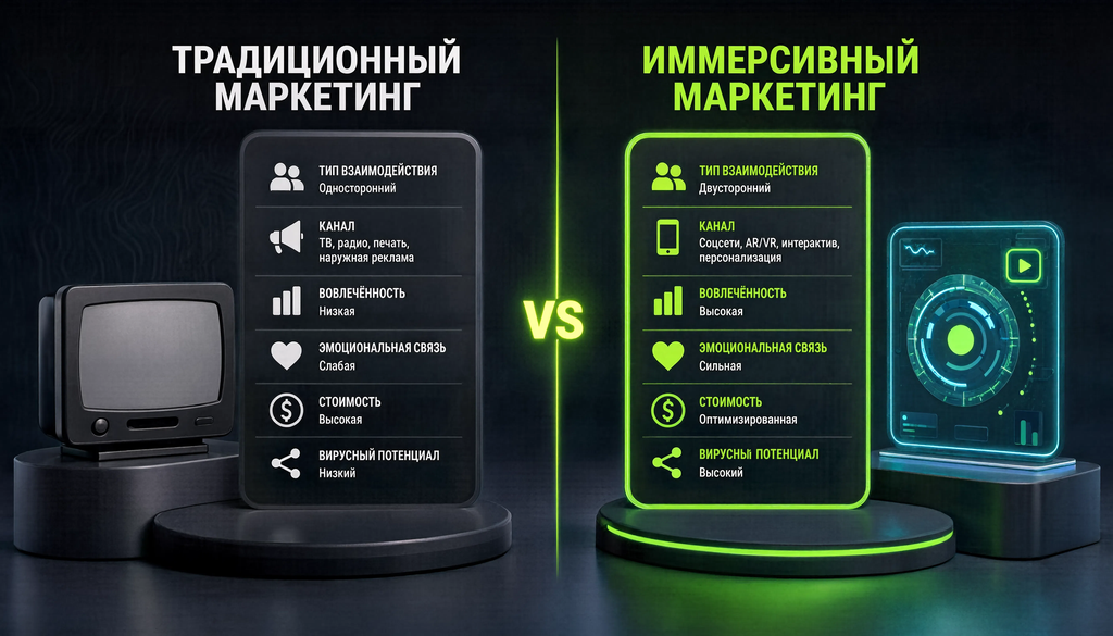 Сравнительная иллюстрация традиционного и иммерсивного маркетинга по ключевым параметрам: тип взаимодействия, канал, вовлечённость, эмоциональная связь, стоимость, вирусный потенциал