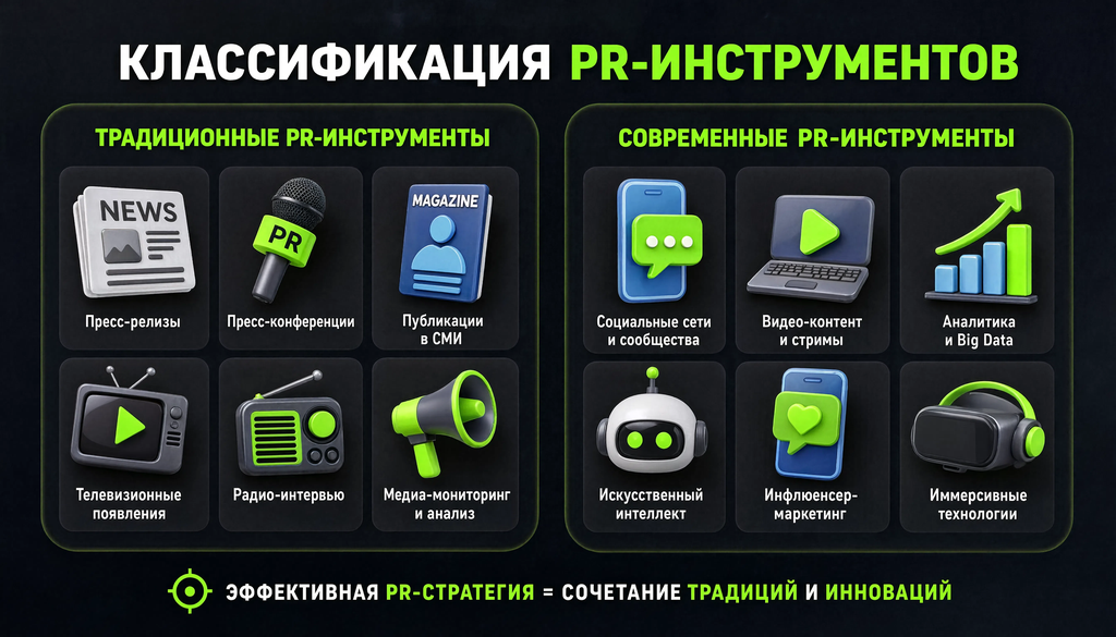 Классификация PR-инструментов: традиционные и современные с примерами, иконки.