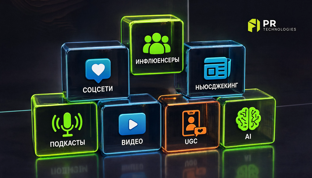 Схема современных PR-технологий: соцсети, инфлюенсеры, ньюсджекинг, видео, подкасты, UGC, AI с иконками и кратким описанием.