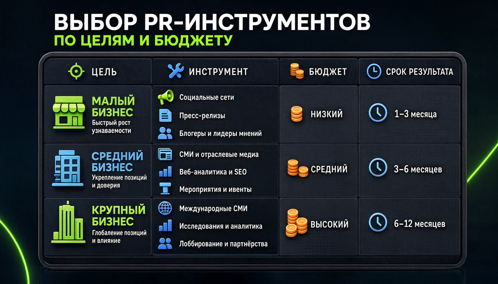 Таблица выбора PR-инструментов по целям и бюджету для малого, среднего и крупного бизнеса с колонками: Цель, Инструмент, Бюджет, Срок результата.