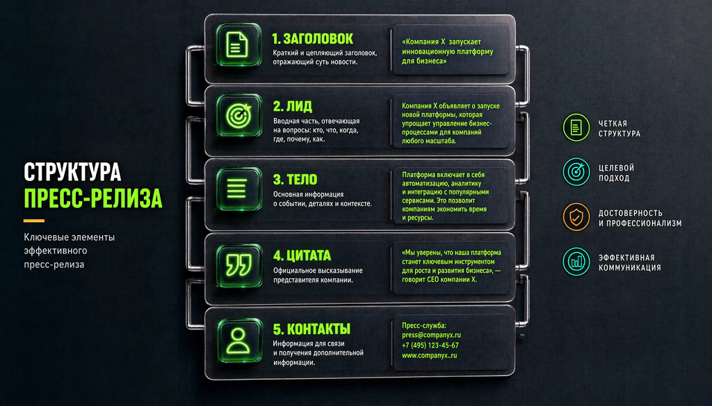 Схема структуры пресс-релиза: заголовок, лид, тело, цитата, контакты. Вертикальная схема с пятью блоками и примерами.