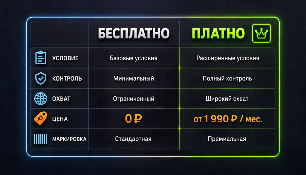 Сравнительная таблица бесплатного и платного размещения в СМИ: критерии, контроль, охват, цена, маркировка
