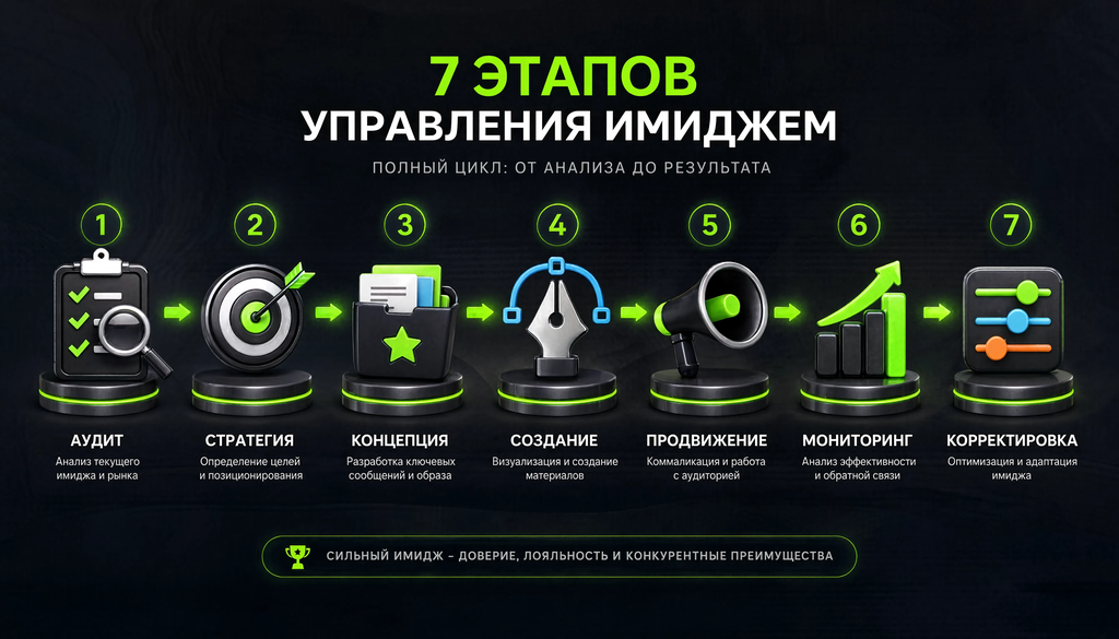 Схема 7 этапов управления имиджем от аудита до корректировки с шагами и стрелками