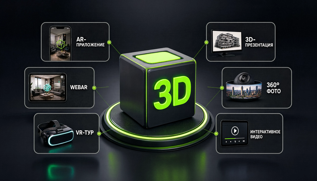 Инфографика сравнения инструментов иммерсивного маркетинга: AR, WebAR, VR-тур, 3D-презентация, 360° фото, интерактивное видео по сложности внедрения, стоимости, охвату и подходящим типам бизнеса